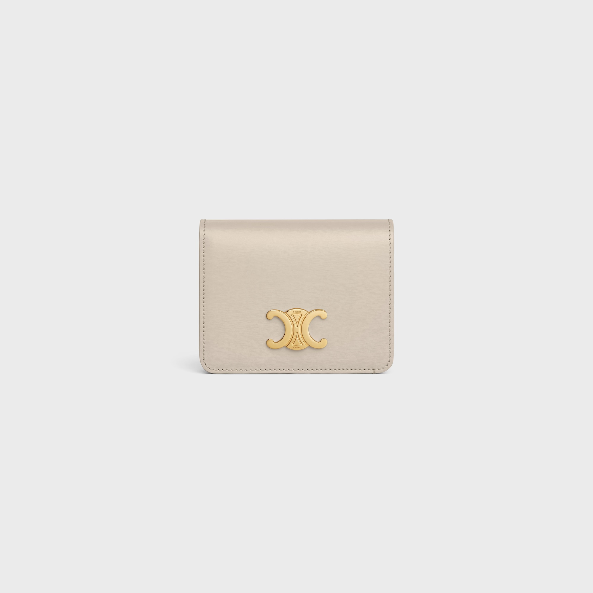 TRIOMPHE COMPACT WALLET IN SHINY CALFSKIN LIGHT STONE - Image 1
